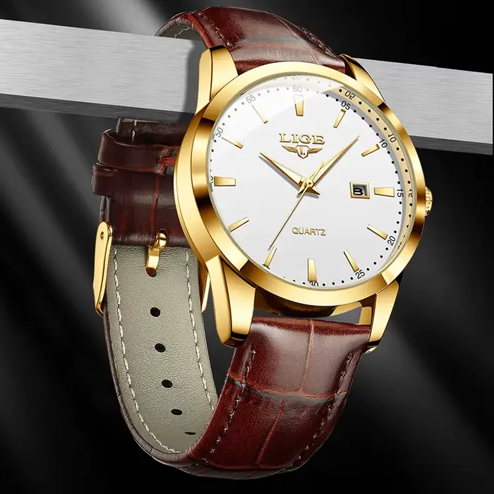 Montre LIGE en cuir marron pour homme style militaire sportive quartz résistante à l'eau avec fonction chronographe et date automatique pour toutes les occasions spéciales