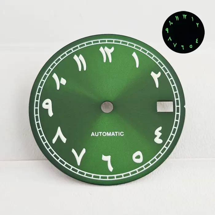 Montre pour hommes, cadran numérique arabe NH35, cadran vert lumineux de 28.5mm pour NH35 NH36, mouvement mécanique automatique, accessoires de montre