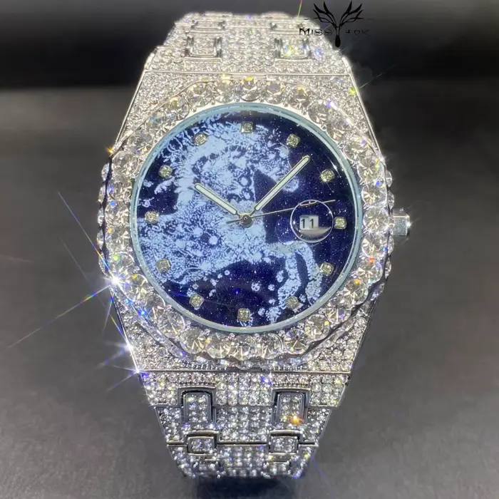Montre-bracelet automatique MISSFOX pour homme, style Hip Hop, avec date, sertie de diamants, collec