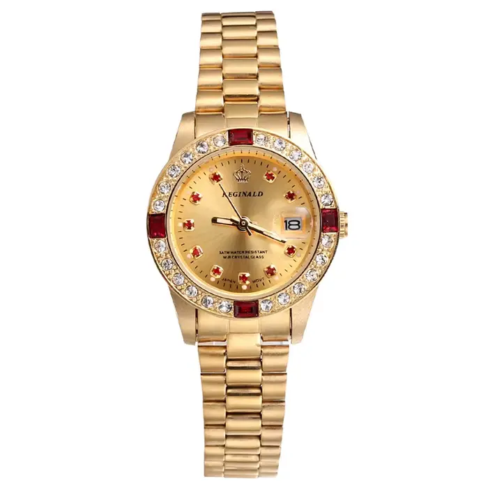 REGINALD – montre-bracelet pour femmes, couleur or, Date, cristal, style, robe, horloge, étanche