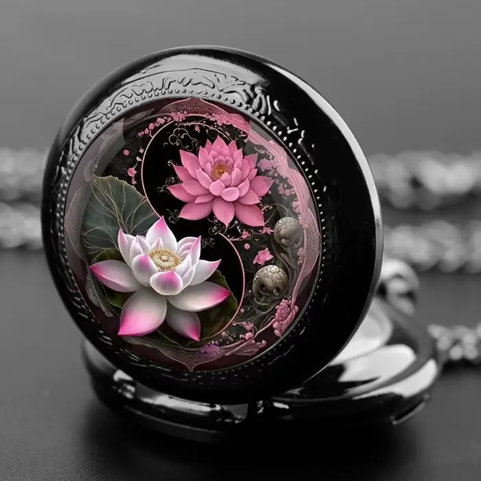 Yin-Yang Lotus Design – montre de poche à Quartz noir