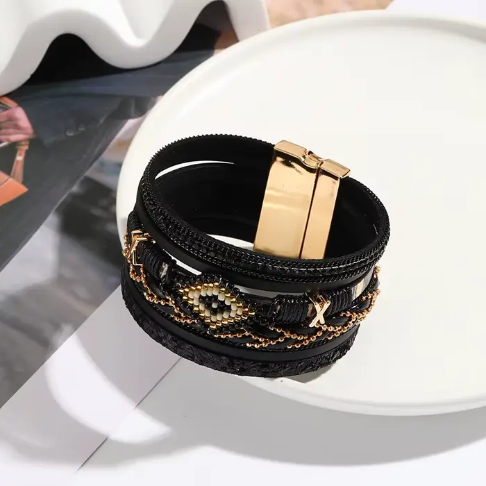 Bracelet en cuir multicouche tissé à la main pour femmes