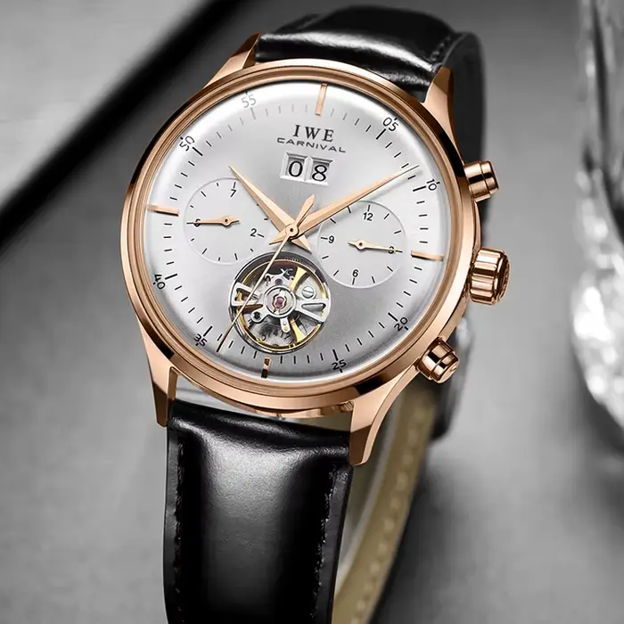 Montre tourbillon I&W avec cadran gris automatique pour homme résistante à l'eau et élégante pour toutes les occasions