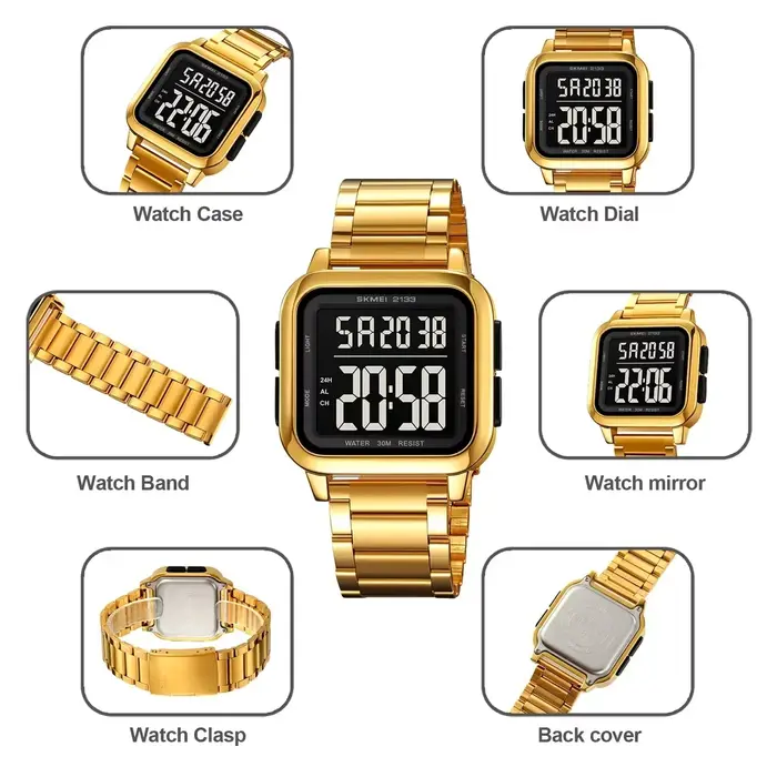 SKMEI 2133 montres numériques mâle alarme Reloj Hombre luxe en acier inoxydable lumière Sport montre de mode hommes 3Bar étanche