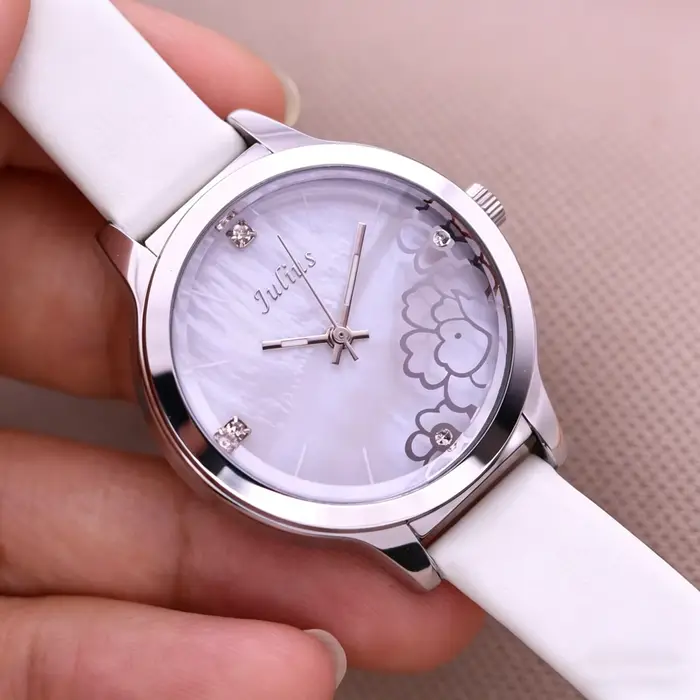 Montre pour femme Julius en nacre avec motif de fleurs roses et bracelet en cuir véritable, cadeau d