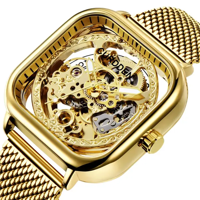 CURDDEN marque montres pour hommes mode bracelet en acier inoxydable doré évider automatique montre mécanique Relogio Masculino Ouro