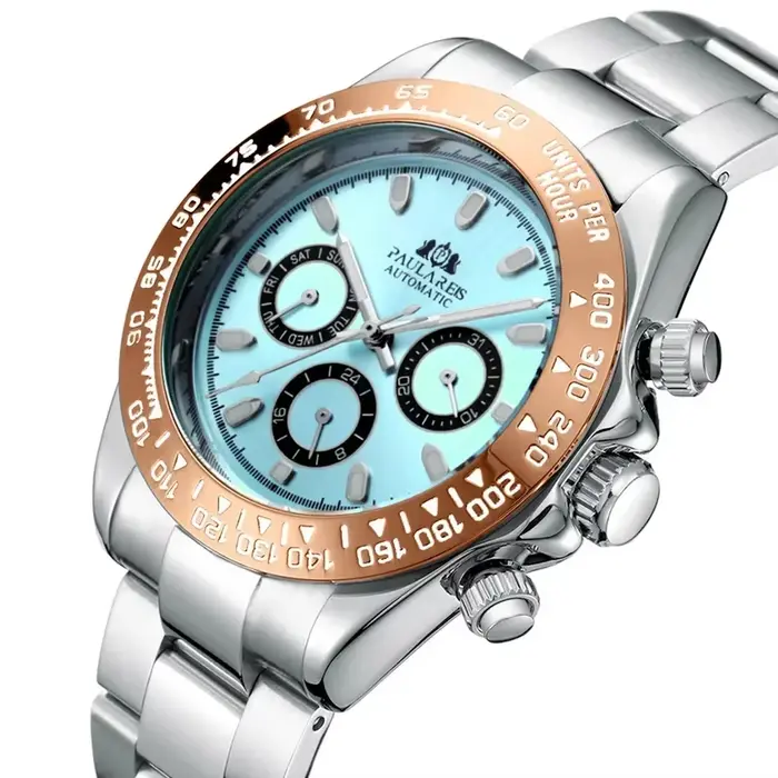 Montres automatiques pour hommes mécanique auto-brûlure or acier inoxydable Glacier glace bleu châtain marron lunette Reloj Hombre Baratos