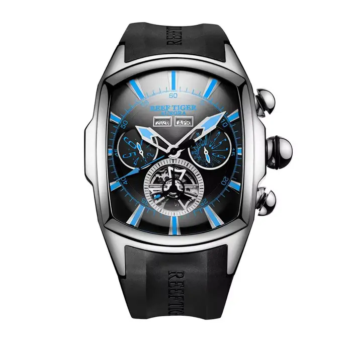 Récif Tiger/RT – montre de Sport pour hommes, Tourbillon, cadran bleu, affichage analogique, bracele