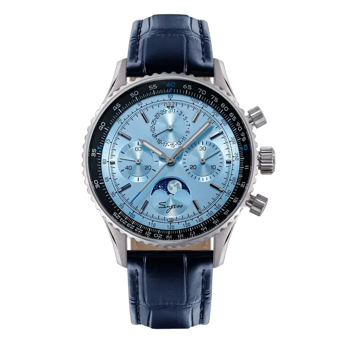 Sugess chronographe montre d'homme ST1908 mouvement à col de cygne mécanique phase de lune montres é