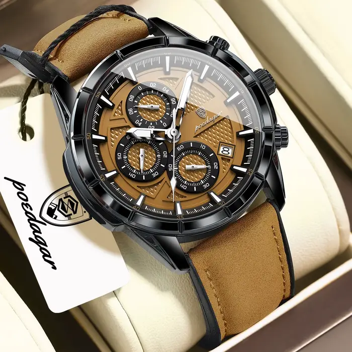 Montre-bracelet POEDAGAR vendange quartz résistante à l'eau avec fonction chronographe et mains lumineuses pour hommes d'affaires et occasions spéciales