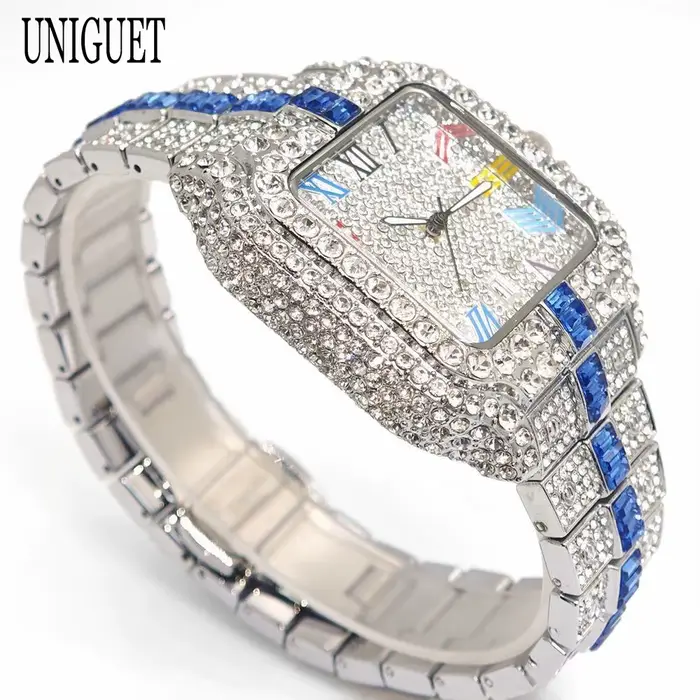2025 marque de luxe hommes montre à Quartz mode arc-en-ciel numérique Rome cadran calendrier étanche Hip Hop diamant montre-bracelet pour homme cadeau