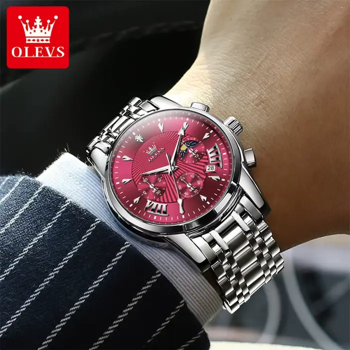 OLEVS marque mode montre rouge pour hommes de luxe Sport étanche en acier inoxydable chronographe montres à Quartz