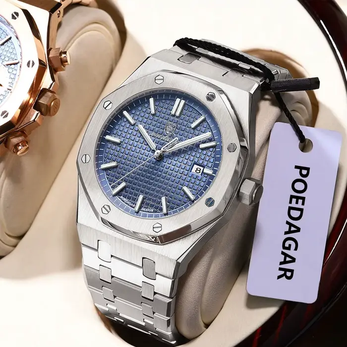 POEDAGAR Original luxe homme montre Date lumineux étanche en acier inoxydable hommes montre-bracelet mode affaires