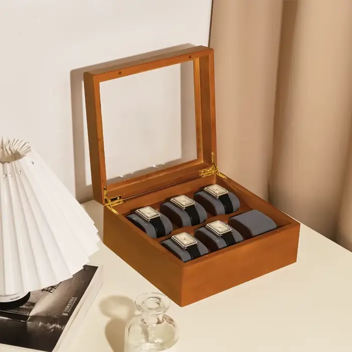 Oirlv boîte de rangement de montre en bois délicate couvercle en verre anti-poussière