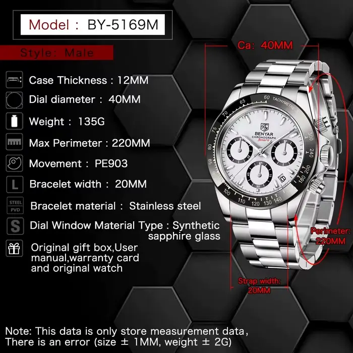 BENYAR 2026 nouveaux hommes montre 40mm montre-bracelet à Quartz classique de luxe chronographe en acier inoxydable