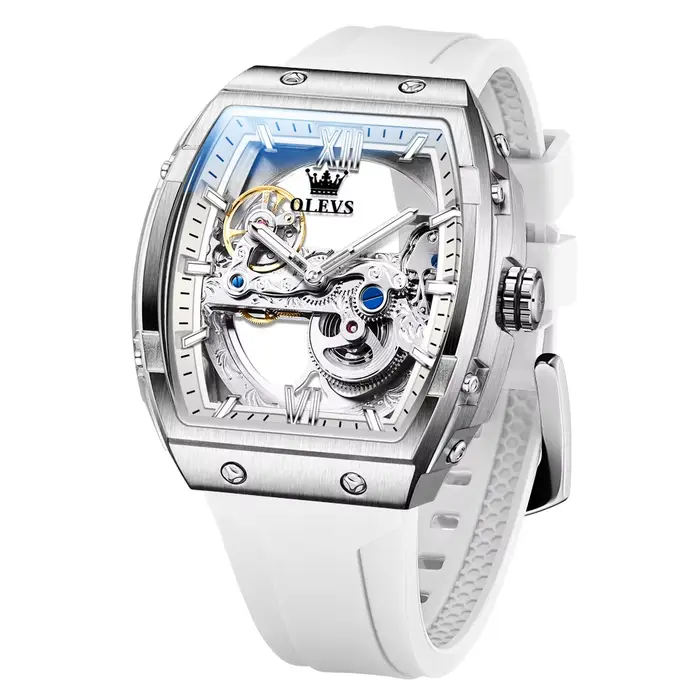    OLEVS automatique hommes montre bracelet en caoutchouc blanc mécanique Tourbillon montres hommes