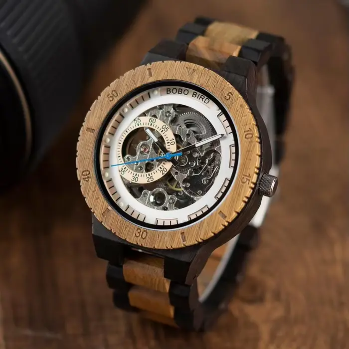 BOBO BIRD Montre mécanique en bois pour hommes Montre-bracelet automatique de luxe Aiguilles lumineu