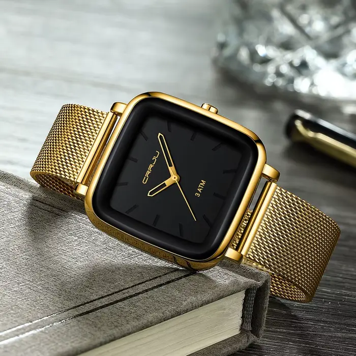 CRRJU hommes montres haut de gamme de luxe carré doré Quartz décontracté mince maille acier étanche montre Relogio Masculino