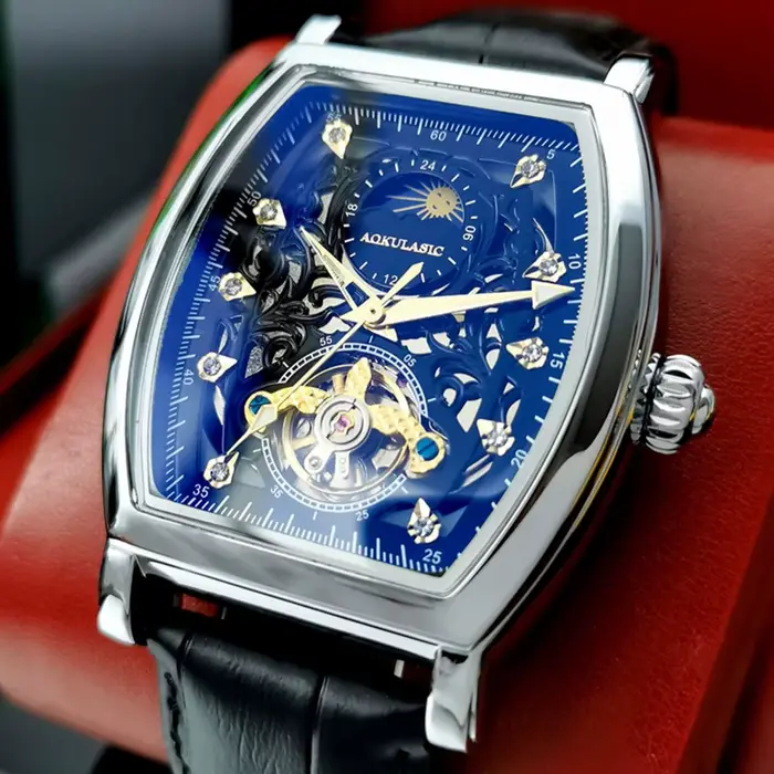 Montres automatiques mécaniques squelette glacées AOKULASIC Tourbillon pour hommes