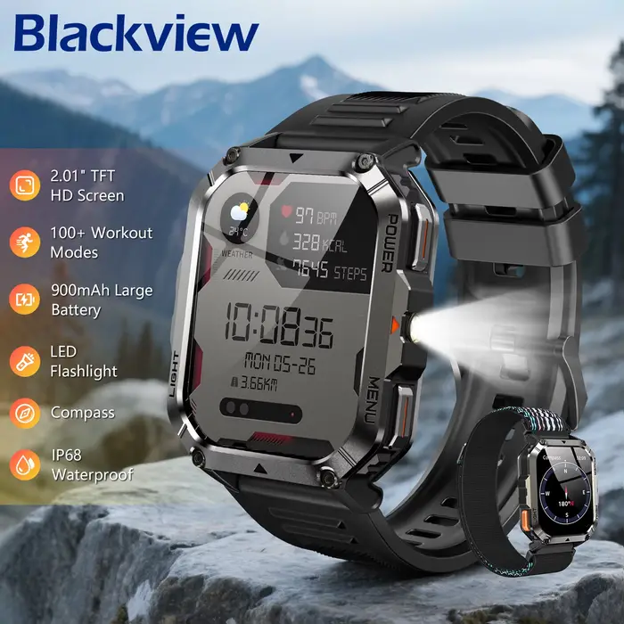 Blackview 2025 nouvelle montre intelligente extérieure 900mAh W70 Pro 2.01 ''TFT HD écran étanche hommes montres avec boussole d'éclairage de secours