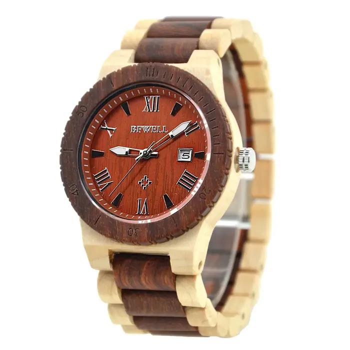 Montre Bracelet Homme en Bois Cadran Rond Faite Main Légère Date Lumineuse Quartz Occasions Spéciales Usage Journalier Décontracté