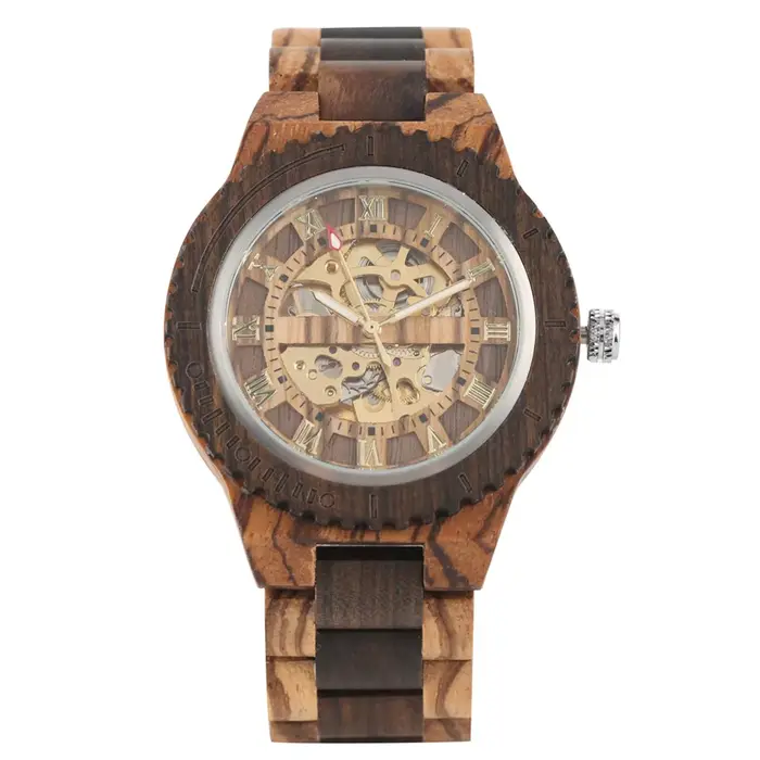 Montre ronde automatique en bois avec bracelet réglable pour homme occasions spéciales élégante à offrir