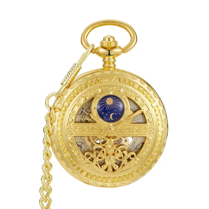 Montre de Poche Mécanique Vintage à Main, Étoile de Lune Bleue Creuse, Modules Steampunk, Horloge à 