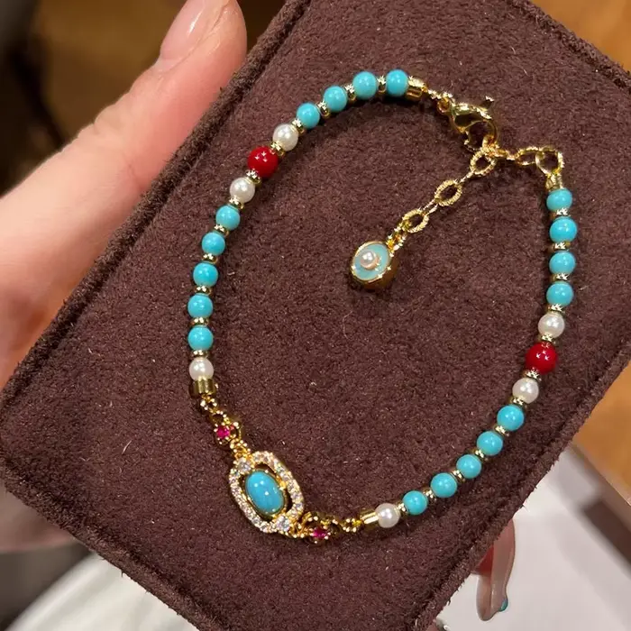 Fantaisie exquise perle Style ethnique perles rondes perle Turquoise Bracelet incrustation diamant é