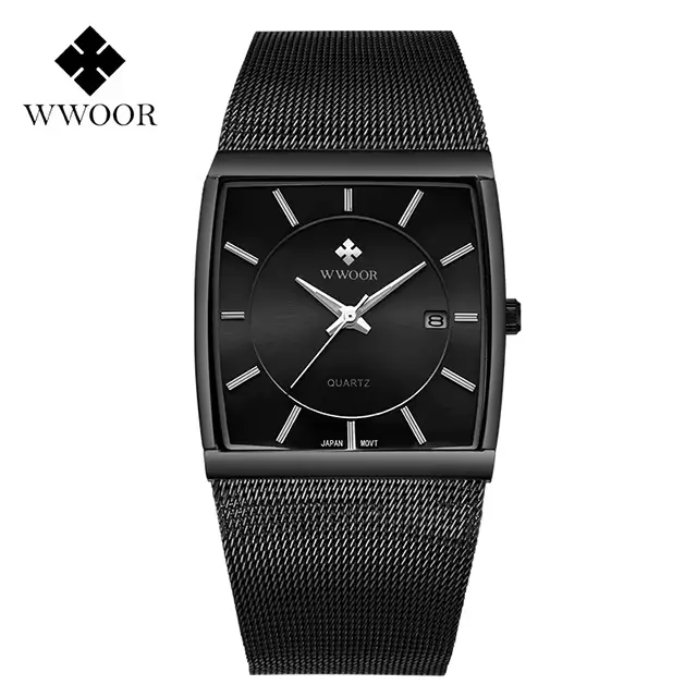 WWOOR 2025 nouvelle marque de luxe hommes montre décontractée carré noir maille acier Quartz sport é