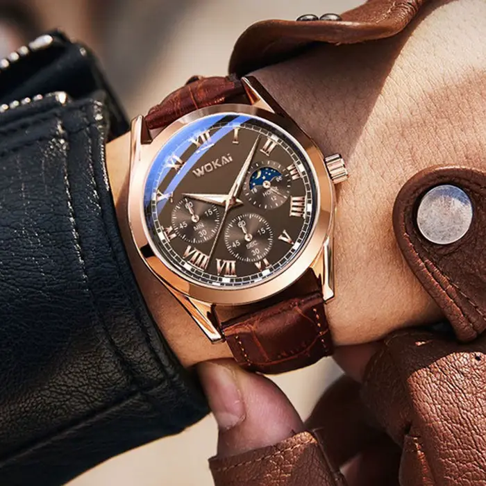 Montre-bracelet à quartz en cuir PU pour hommes