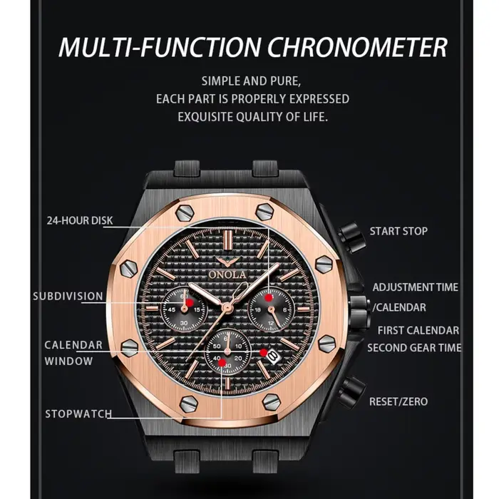 ONOLA 6807 Montre Homme Mode Sport Silicone Quartz Chronographe Calendrier Étanche Lumineuse