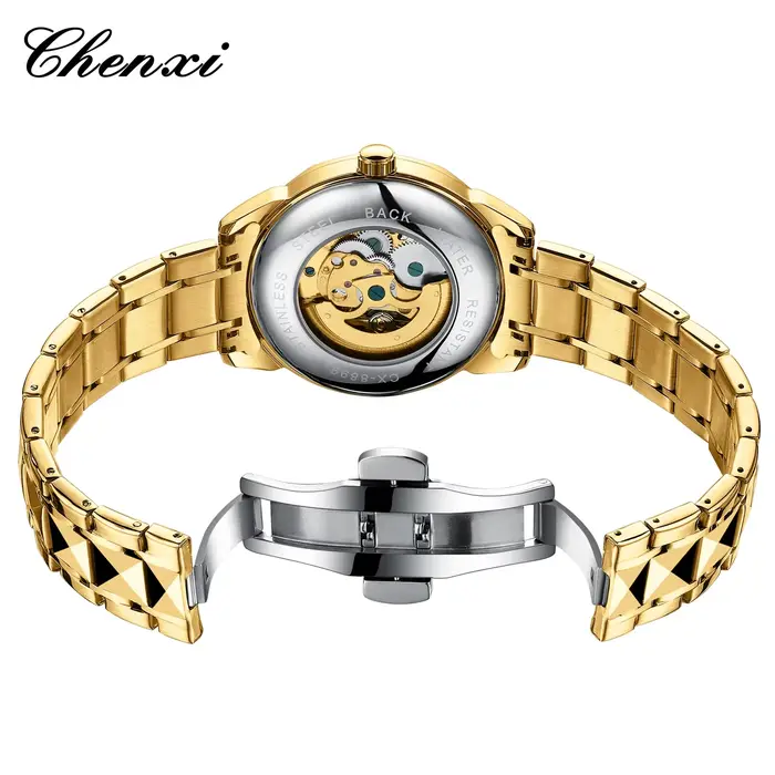 Montre automatique CHENXI 8899 avec motif dragon doré en relief 3D pour hommes, culture et art chinois, résistance à l'eau, mouvement automatique, acier inoxydable