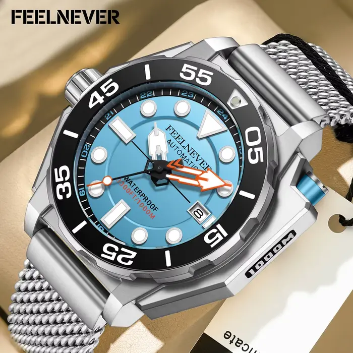 Montre homme FeelNever avec mouvement automatique, résistance à l'eau 1000m, calendrier complet et design robuste acier inoxydable pour toutes les occasions