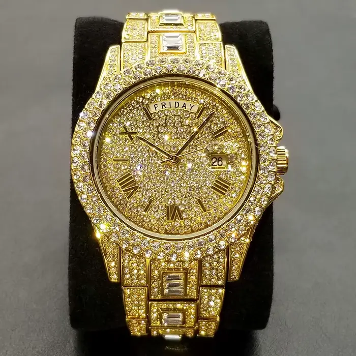TikTok montre-bracelet en diamant pour hommes de luxe plaqué or 18 carats montres à quartz jour Date