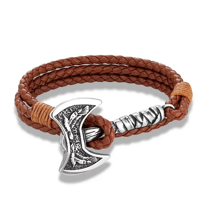 Bracelet en cuir multicouches avec hachette nordique et amulette corbeau en acier inoxydable pour homme style viking occassions spéciales