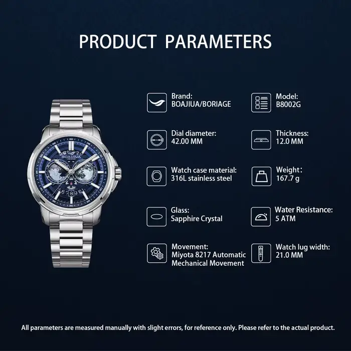 Montre mécanique automatique BORIAGE avec complication Terre-Lune résistante à l'eau pour hommes occasions spéciales cosmique style casual durable