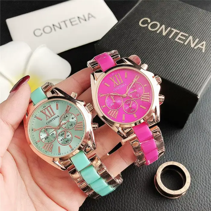Top marque de luxe or Rose Quartz montre pour femme dames