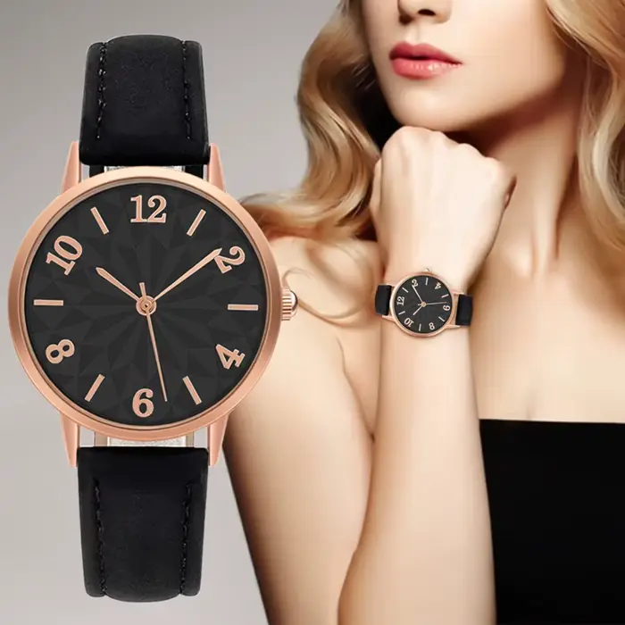 Montre Numérique à Quartz avec Bracelet en Cuir Givré pour Femme et Fille