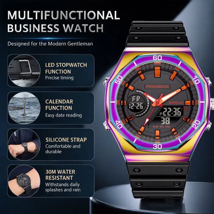 Montres FOXBOX à double affichage pour hommes, design fashion et casual, chronographe à quartz, grand cadran, bracelet en silicone, résistante à l'eau, idéale pour les activités sportives et les sorties décontractées