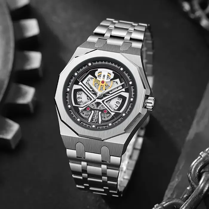 Montre-bracelet vintage PINTIME avec cadran engrenage et aiguilles rectangulaires pour homme occasions spéciales et quotidienne
