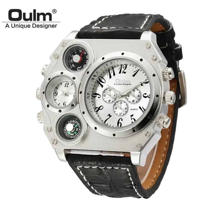 Montre Oulm Unique pour Hommes Style Sportive Fuseau Horaire Multiple Bracelet en Cuir Occasions Aventures Militaires