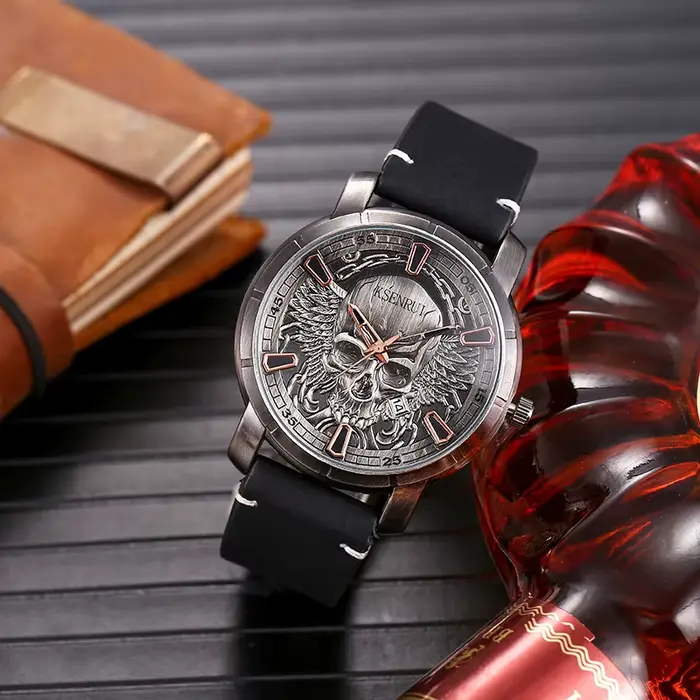 Montre Crâne Rétro Hommes Bracelet Luxe Acier Cuir Horloge Cadeau Occasions Spéciales