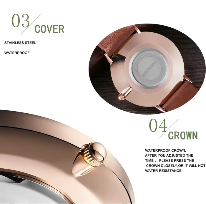 Montre à Quartz en Cuir Marron Étanche pour Femme