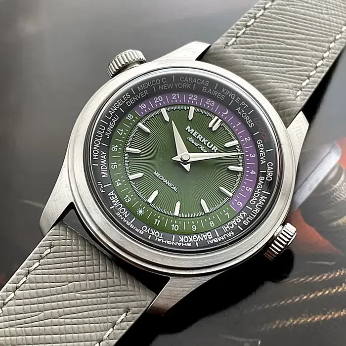 Merkur World Time montre mécanique rétro pour hommes en cuir étanche 38mm Reloj Hombre