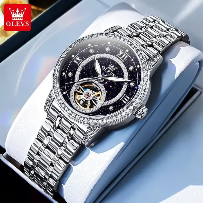 OLEVS-Montre de Luxe Mécanique pour Femme, Entièrement existent, Incrustée de Diamants, Ciel Étoilé,
