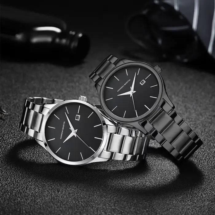 Montre à Quartz en Acier Inoxydable Noir pour Homme et Femme