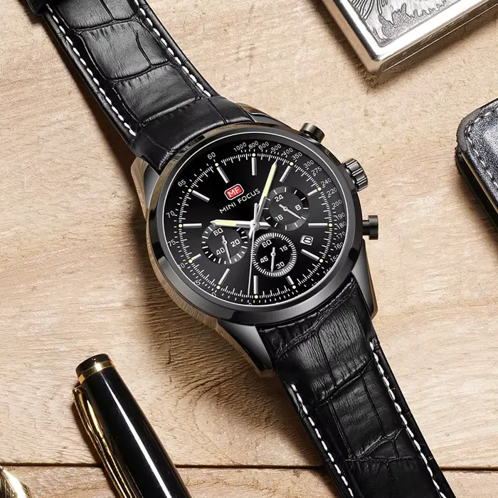 Montres MINI FOCUS pour hommes bracelet en cuir véritable avec chronographe et affichage de la date montre-bracelet sport étanche cadeau pour homme occassions spéciales