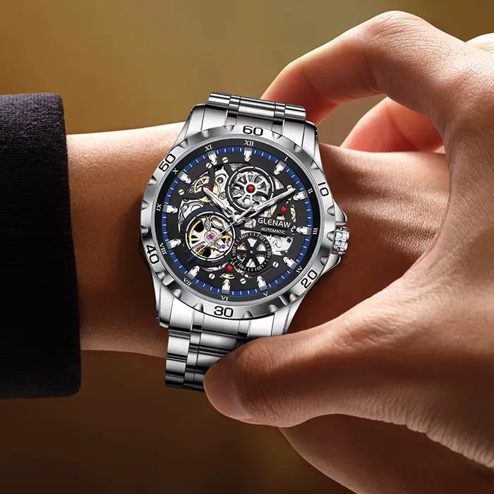 GLENAW Steampunk squelette montre pour hommes anneau de luxe automatique montres mécaniques lumineux étanche bracelet