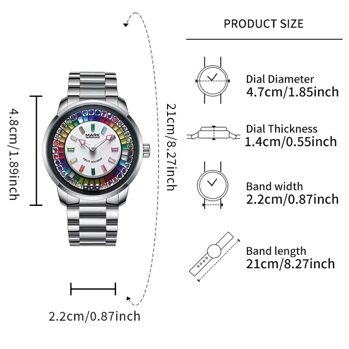 Montre à Quartz MARK FAIRWHALE Cadran Rotatif à Volant Diamants Colorés Acier Inoxydable Étanche Occasions Spéciales Hommes
