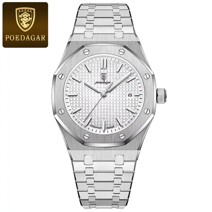 POEDAGAR Original luxe homme montre Date lumineux étanche en acier inoxydable hommes montre-bracelet